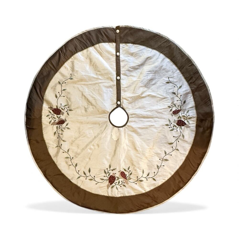 Bella Lux Christmas Tree Skirt Beige Gold Red Bird Holly Garland Button Closure